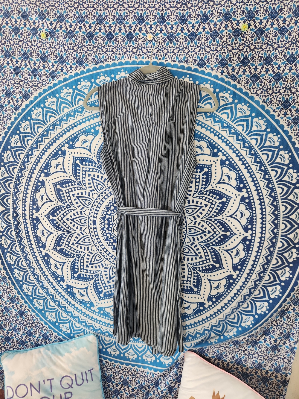 Rebellion, Navy and White Striped Sleeveless Shirt Dress with Tie Waist - Picture 2 of 6